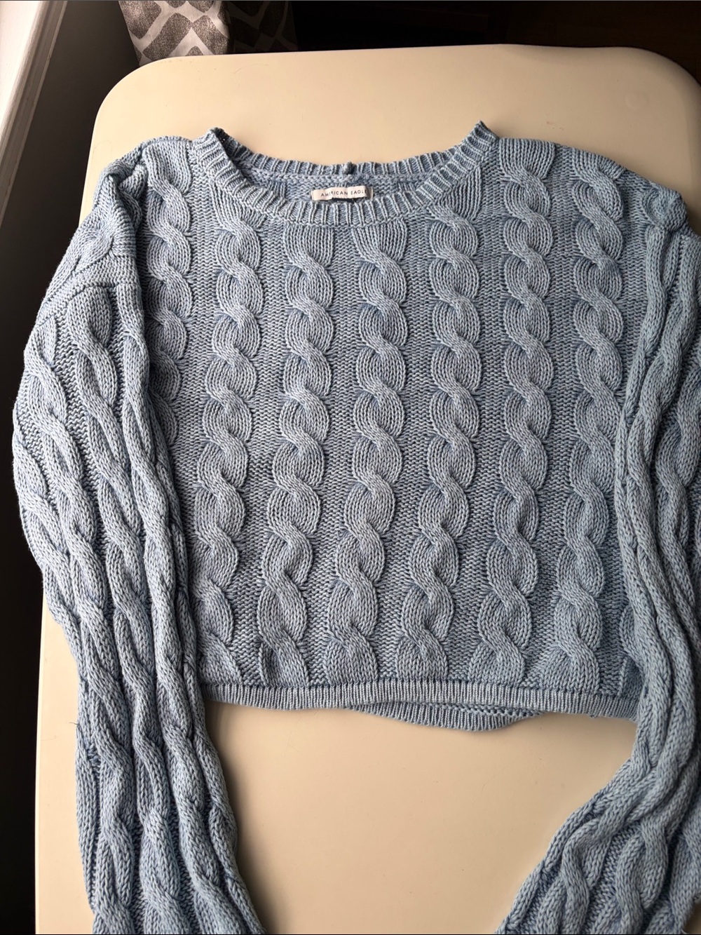 AE Cropped Cable Knit Sweater - Light Blue